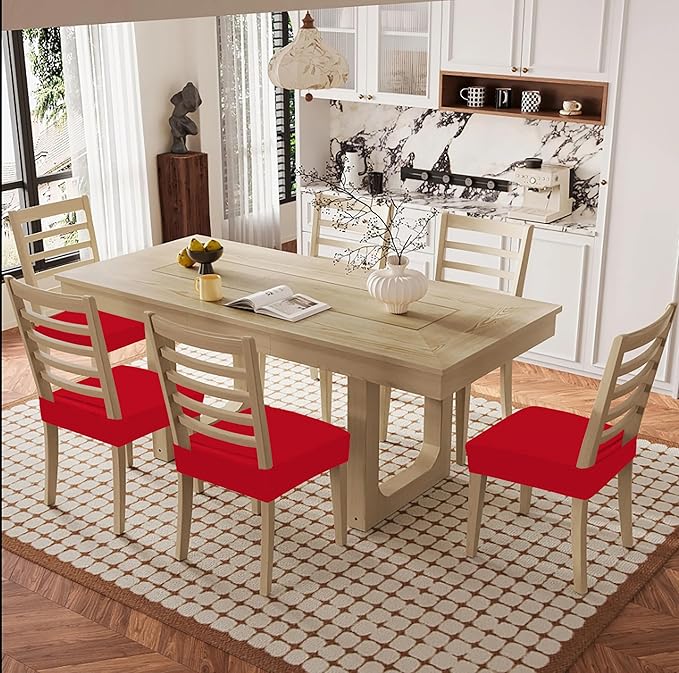 Smiry Waterproof Seat Covers for Dining Room Chairs Set of 6, Stretch Jacquard Removable Washable Chair Seat Slipcovers Protector, No Rear Covers, Red