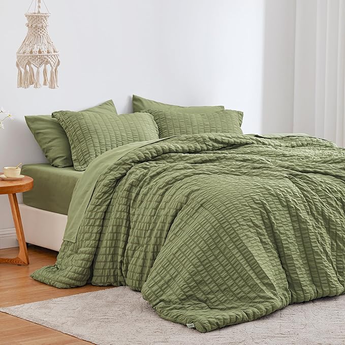 Love's cabin Seersucker Sage Green Twin Comforter Set, 5-Piece All Season Lightweight Bed in a Bag Bedding Set with Comforter, Flat Sheet, Fitted Sheet, Pillowcase and Sham | Soft, Breathable, Lightweight