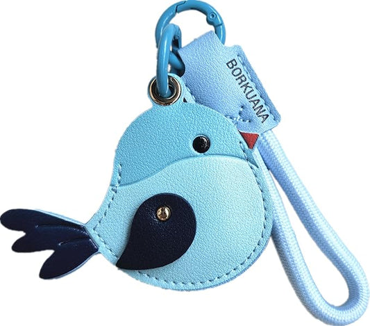Leather Keychain Holder Case Compatible with AirTag,Cute Protective Cover with Keyring and Lanyard,Anti-Scratch Finder GPS Tracker Case for Wallet Keys,Bag,Pets,Backpack(Blue Bird)