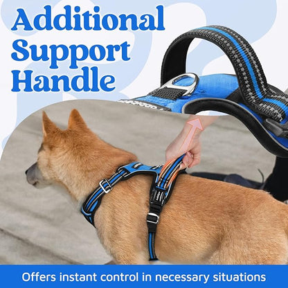 rabbitgoo Dog Harness Medium Sized, No Pull Dog Vest with 3 Buckles, Adjustable Soft Padded Pet Harness with Easy Control Handle and Reflective Strips, Blue, M