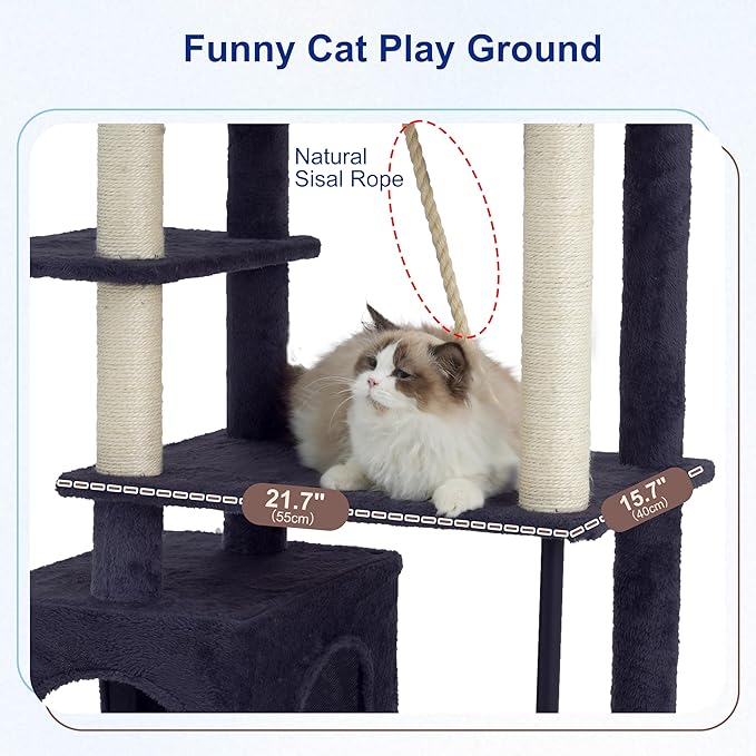 Gitelsnour Cat Tree for Indoor Cats Large Adult, 70.5'' Cat Tower with Scratching Post, Sturdy Steel Pube Cat Tree Tower with Large Playing Platfrom, Hammock and Basket, Top Perch, Drak Gray GCT024G