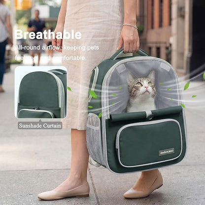 Cat Backpack Carrier Expandable, Breathable Mesh & Lockable Zippers & Shaded Curtains & Multi-Entry, Pet Backpack for Kitty Puppy Small Dogs Up to 18lbs for Travel, Hiking, Car, Vet(Green)