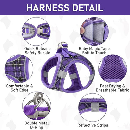 GAMUDA Small Dog Harness Collar and Leash Set, Step in No Chock No Pull Soft Mesh Adjustable Dog Vest Harnesses Plaid Reflective for Dogs Puppy Cats Kitten Rabbit (Purple, M)