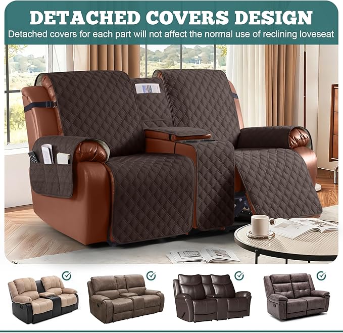 Ruaozz Waterproof Loveseat Recliner Cover with Console Non-Slip Reclining Couch Covers Split Sofa Slipcovers with Elastic Straps for Kids, Dogs, Pets (Chocolate, 2 Seater)