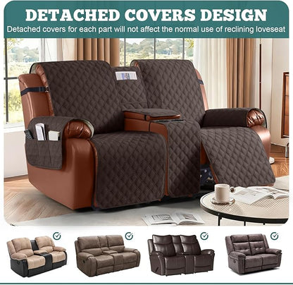 Ruaozz Waterproof Loveseat Recliner Cover with Console Non-Slip Reclining Couch Covers Split Sofa Slipcovers with Elastic Straps for Kids, Dogs, Pets (Chocolate, 2 Seater)