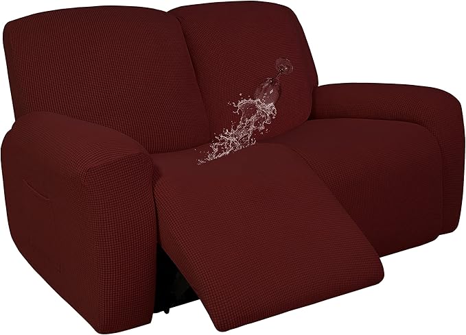 Easy-Going 100% Dual Waterproof Recliner Loveseat Cover, 6-Pieces Stretch Relining Sofa Cover with Pocket, Jacquard 2 Seat Sofa Slipcover Leakproof Washable (Loveseat, Wine)