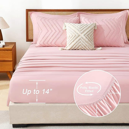 Litanika Pink Queen Size Comforter Set with Sheets - 7 Pieces Bed in a Bag Queen Boho Tufted Complete Bedding Sets with Comforter, Sheets, Pillowcases & Shams