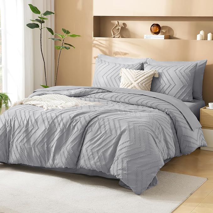Litanika Light Grey King Size Comforter Set with Sheets - 7 Pieces Bed in a Bag King Boho Tufted Complete Bedding Sets with Comforter, Sheets, Pillowcases & Shams
