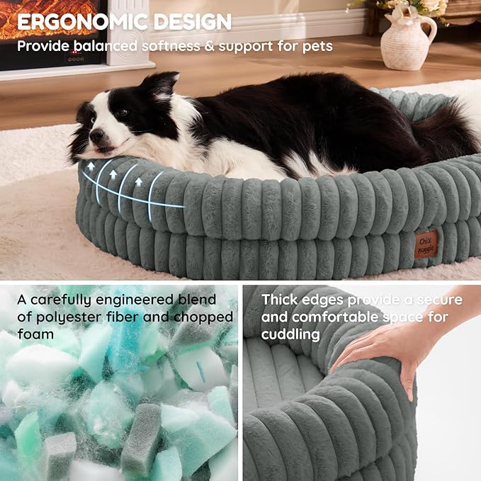 ChiXnuggle XL Dog Bed - Luxury Striped Faux Fur Waterproof Pet Couch with Removable Washable Cover, Orthopedic Dog Bed with Bolster Sides for Sleeping, Grey