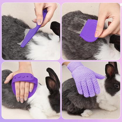 VCZONE 8 Pcs Small Animal Grooming Kit, Rabbit Grooming Kit with Pet Nail Clipper and File, Flea Comb, Pet Shampoo Bath Brush, Pet Shedding Slicker Brush, Bath Massage Glove, Cleaning Comb (Purple)