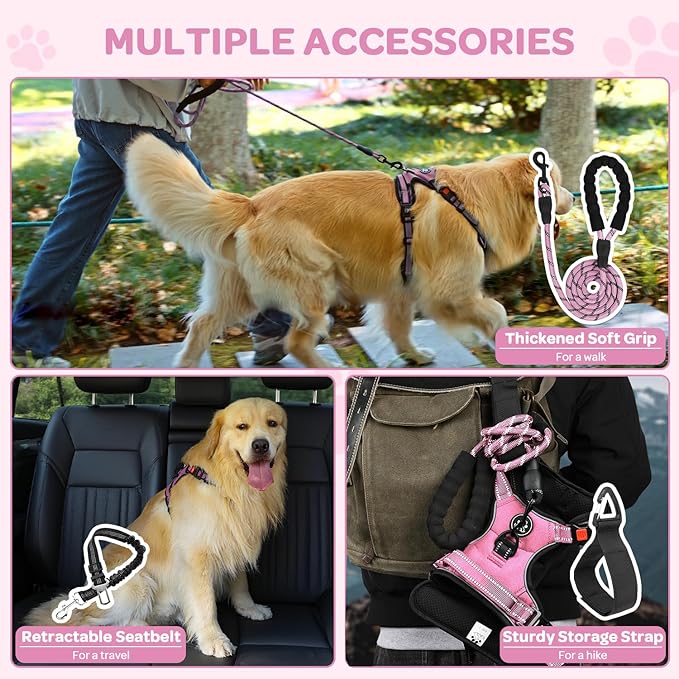 FURRYFECTION Plaid Dog Harness for Small Dogs, Reflective No Pull Adjustable Pet Vest with Front Clip, Leash, Easy Control Handle and Seat Belt, Pink, S
