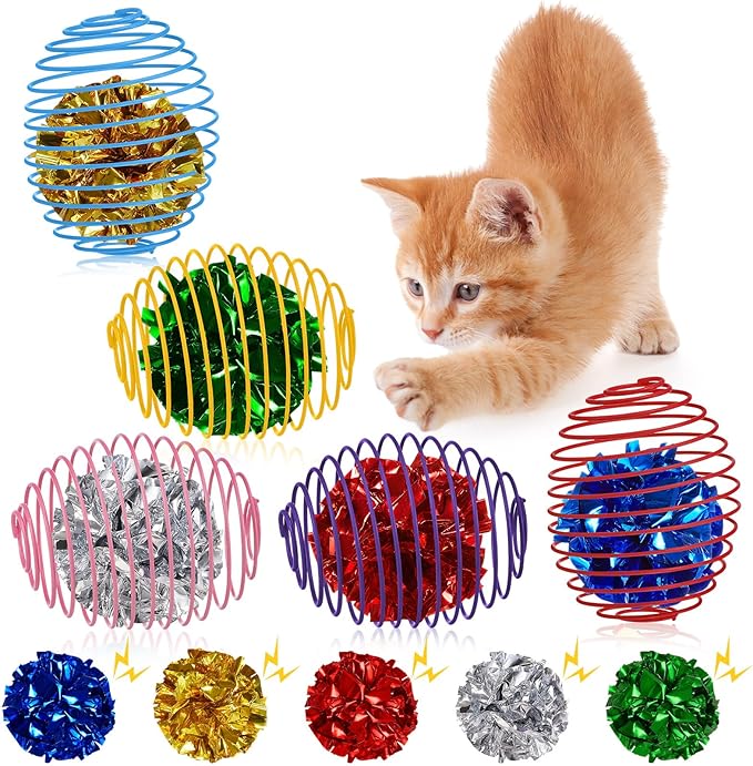 Jecery 5 Pcs Cat Spring Balls Toys Stretchable Rolling Balls Colorful Playful Coils Interactive Action Toy Caged Rats for Kitten Pet Supplies (Crinkle Ball,Multicolor)
