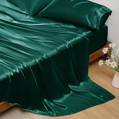 Bedsure Satin Sheets Full Size - 4 Piece Silky Bedsheets with 15 Inches Deep Pocket Fitted Bedsheet,1 Flat Sheet, 2 Satin Pillowcases, Good for Hair & Skin (Full, Dark Green)
