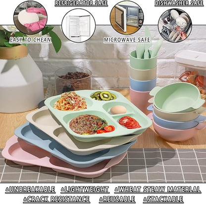 25 Pcs Wheat Straw Dinnerware Sets BPA Free Lightweight Bowl Reusable Dinner Plates Microwave Dishwasher Safe Cup Portable Spoon Knife Fork Dinnerware for Kids Aldult Home School Office Picnic Travel