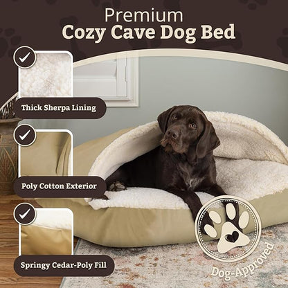 Snoozer Rectangle Cozy Cave Dog Bed - Indoor Dog Bed with Cover Cave, Covered Calming Burrow for Medium & Large Sized Pets with Blanket Attached, Enclosed, Washable Cover - Large, Khaki
