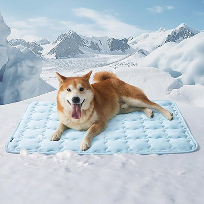 Bedsure Cooling Mat for Large Dogs, Q-Max>0.5 Thin Breathable Cold Crate Pad for Pet, Portable Washable Kennel Bed for Summer Active Dog with Chill Cool Soothing Fabric to Rapid Cooling, 35x23, Blue