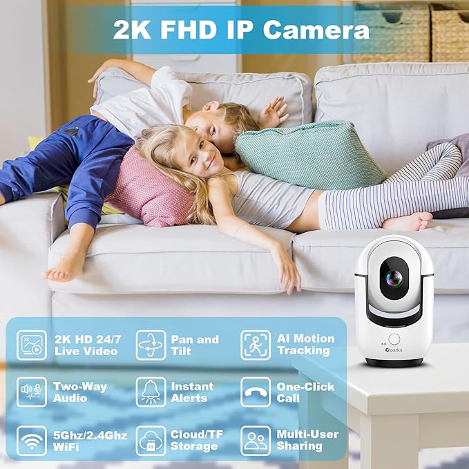 Cloarks 2K Indoor Camera, 5/2.4 GHz WiFi Pan/Tilt Security Camera with AI Motion Detection, One-Click Call for Baby Monitor, Wired Pet Camera with 2-Way Audio, 24/7, Siren Alarm, TF/Cloud Storage