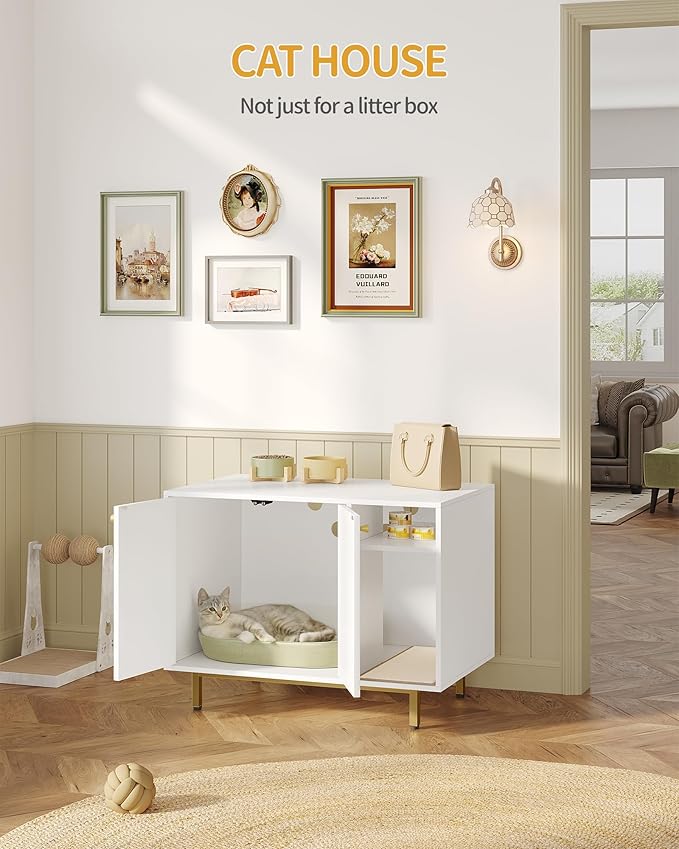 Hzuaneri Cat Litter Box Enclosure Enclosed, Hidden Litter Box Cabinet Furniture with Storage, Wooden Indoor Cat House Large, Modern End Table for Living Room Entryway, White and Gold 01503GCLB