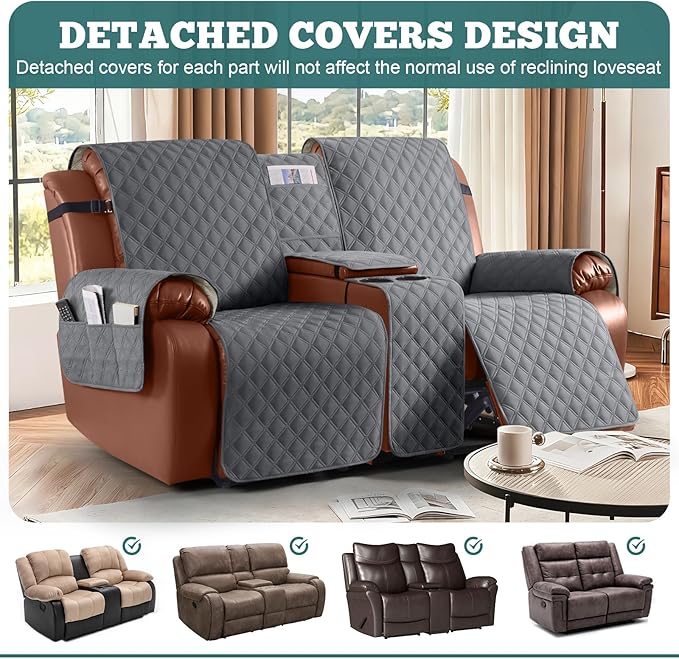 Ruaozz Waterproof Loveseat Recliner Cover with Console Non-Slip Reclining Couch Covers Split Sofa Slipcovers with Elastic Straps for Kids, Dogs, Pets (Dark Grey, 2 Seater)