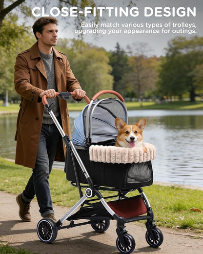 GTPLAYER Pet Stroller with Matching Stroller Mat Set, for Small Dogs and Cats Up to 45 lb, Detachable Carrier, One-Hand Fold, Stroller: Light Bule, Mat: Beige
