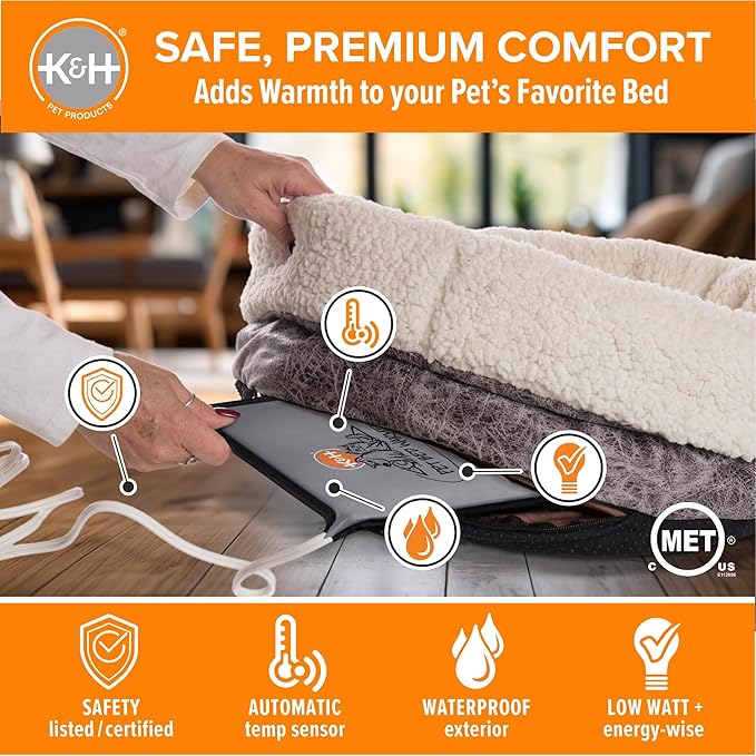 K&H Pet Products Pet Bed Warmer, Turn Any Pet Bed Into a Heated Cat or Dog Bed, Waterproof Indoor Heated Warming Pad Insert, Automatic Temperature, Safety Listed - Medium 20.5 X 6.75in Gray
