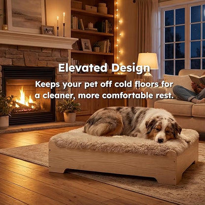 Elevated Wooden Dog Bed with Supportive Cushion & Washable Cover, Sturdy Noise-Free Frame, Modern Furniture-Style Design for Indoor Living Spaces, L Size for Medium to Large Dogs, Natural Wood Finish