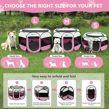 Siedihit Pink Puppy Playpen for Large Dog Cat, Dog Tent Crates Cage Indoor/Outdoor, Portable Pop Up Dog Kennel with Carrying Bag for Rabbits, (Pink, Large)
