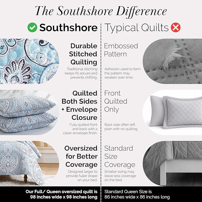 Southshore Fine Living, Inc. Full/Queen Quilt Bedding Set, Paisley Full Size Summer Bedspread, Boho Bedding Set for Full Size Mattress, Queen Size Quilt Coverlet & Matching Shams, Pure Melody Aqua