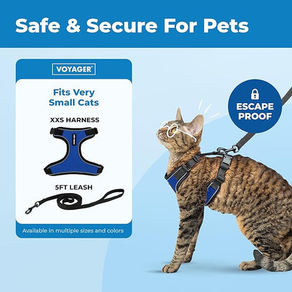 Voyager Escape-Proof Step-in Lock Cat Harness & 5ft Neoprene-Handle Leash Set All-Weather Mesh with Reflective Stitching for Small to Large Cats by Best Pet Supplies, Black Trim-Royal Blue (327), XXS
