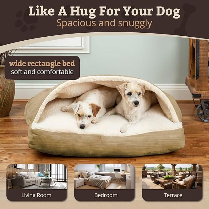 Snoozer Rectangle Cozy Cave Dog Bed - Indoor Dog Bed with Cover Cave, Covered Calming Burrow for Small Sized Pets with Blanket Attached, Enclosed, Washable Cover - Small, Khaki