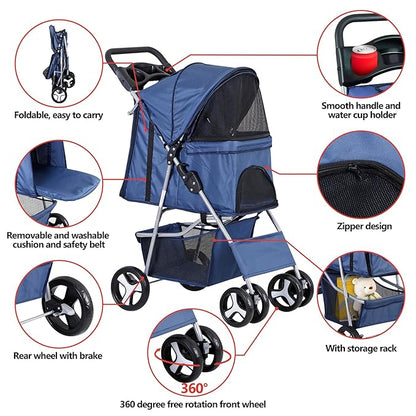 4 Wheels Dog Stroller Folding Pet Strolling Cart for Small Medium Cats Puppies Portable Jogger Travel Camping Puppy Carrier with Storage Basket Cup Holder, Navy Blue