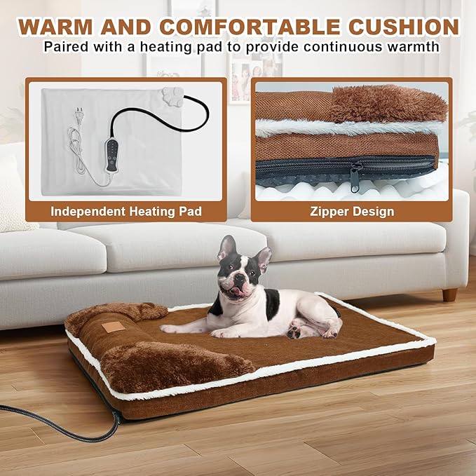 Heated Dog Bed, 30×20 Inch Memory Foam Pet Bed, Orthopedic Dog Bed with Timing Nine Gears Smart Switch for Small and Medium Dogs Soft, Removable Cotton Sleeve