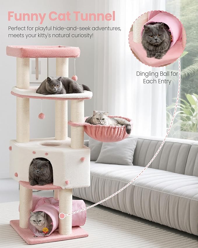 Cat Tree Tower for Large Cats Adult - 60 Inch XXL Sturdy Heavy Duty Extra Wide Scratching Posts (φ4.4in) Condo - Indoor Big Cat House Hammock Perch - XL Wood Multi Level Feline Pet Bed Trees Houses