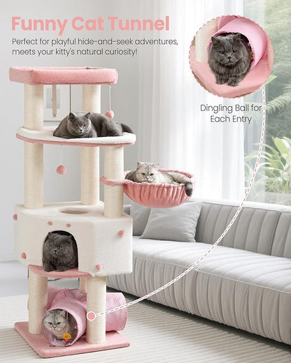Cat Tree Tower for Large Cats Adult - 60 Inch XXL Sturdy Heavy Duty Extra Wide Scratching Posts (φ4.4in) Condo - Indoor Big Cat House Hammock Perch - XL Wood Multi Level Feline Pet Bed Trees Houses