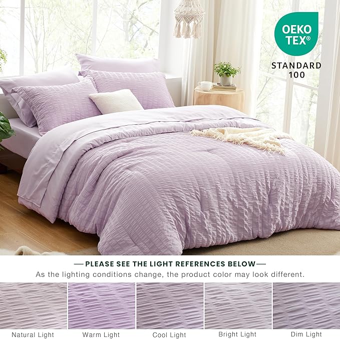 Love's cabin Seersucker Lavender King Size Comforter Set, 7-Piece All Season Lightweight Bed in a Bag Bedding Set with Comforter, Flat Sheet, Fitted Sheet, Pillowcases and Shams | Soft, Breathable, Lightweight