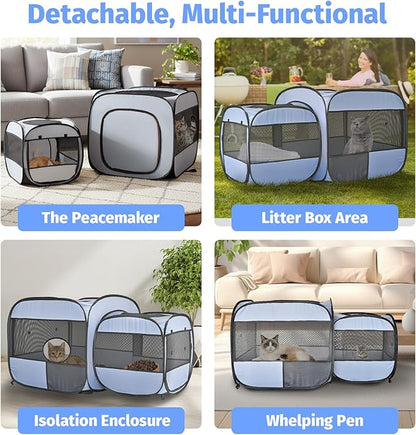 EighteenTek® 2-in-1 Portable Cat Playpen, Detachable into 2 Separate Cages with Additional 2 Doors, Pop up Pet Play Pen Cat Tent House, Foldable Puppy Enclosure Kitten Crates Indoors Outdoor(Grey)