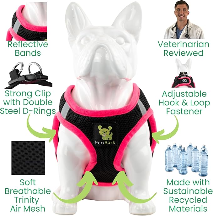EcoBark Step in Dog Harness - Eco-Friendly Teacup Dog Harnesses for XXS, XS, and Small Dogs - Reflective and Adjustable Mini Body Halter Vest -Tiny Soft Mesh Toy Breed Harness (XXXS, Black and Pink)
