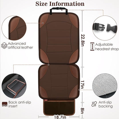 Sinvitron Car Seat Protector for Child Car Seat - Waterproof Non-Slip Leather Mat with 2 Mesh Pockets, Universal Seat Cover for Baby, Pets & Vehicles(2-Pack, Brown)