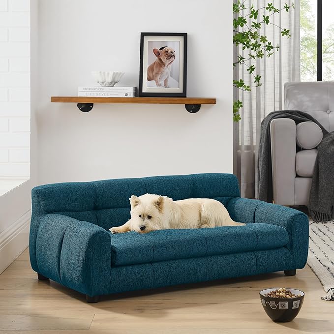 Dog Couch Bed with Backrest and Armrest, Durable Pet Sofa with Upholstered Foam Cushion, Elevated Dog Couch Bed with Legs for Medium Dogs, Blue