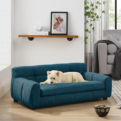 Dog Couch Bed with Backrest and Armrest, Durable Pet Sofa with Upholstered Foam Cushion, Elevated Dog Couch Bed with Legs for Medium Dogs, Blue