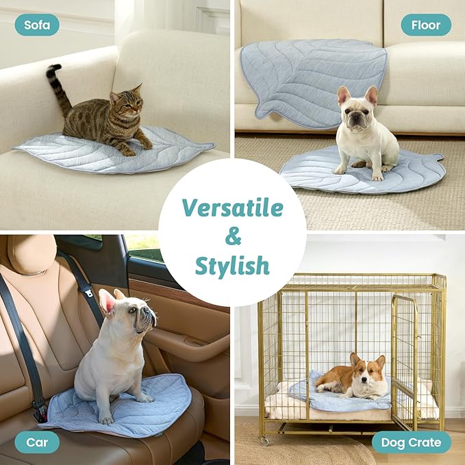 COZY KISS Dog Cooling Mat, Q-Max > 0.4 Leaf Shaped Pet Pad, Liquid Pee Proof Summer Mat for Cats, Washable Sleep Blanket for Bed Couch Floor Indoor, 33x28 inch, Blue