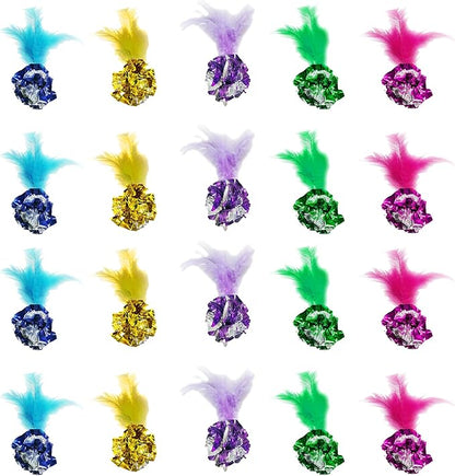 SunGrow Mylar Crinkle Balls with Feathers, 2.5-Inches, Shiny Stress Buster Crinkler, Suitable for Multiple Cats' Engagement, Ideal for Kittens and Grown-up Cats, 20-Pcs