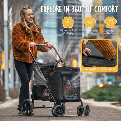CANINE CANYON Scout Pet Stroller, Heavy Duty Dog Stroller for Small & Medium Dogs, Foldable Pet Stroller with All-Terrain Wheels, Breathable Mesh, Storage Pocket & Cup Holder, 55 lbs Capacity, Black