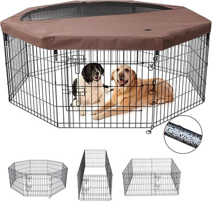 NEZUC Foldable Silver Metal Dog Exercise Playpen Gate Fence Dog Crate 8 Panels 30 Inch Height Puppy Kennels with Top Cover for Animals Outdoor Indoor (with top Cover, 8 Panels 30" H)