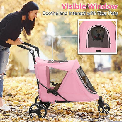 Pet Stroller for Large Dogs or Multiple Dogs Cats with Adjustable Handle, 3-Wheels Dual Entry Visible Portable Dog Carting Easy Folding Pet Wagon Double Dog Stroller up to 55 lbs, Pink