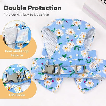 BAEJMJK Dog Harness and Leash Set with Bow Knot No Pull Pet Daisy Floral Harness with D-Ring Soft Mesh Dog Harness Vest Set Escape Proof Princess Puppy Harness for Small Girl Dogs Cats（Blue B XS）