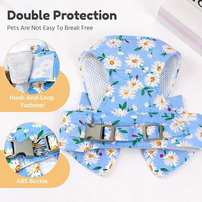 BAEJMJK Dog Harness and Leash Set with Bow Knot No Pull Pet Daisy Floral Harness with D-Ring Soft Mesh Dog Harness Vest Set Escape Proof Princess Puppy Harness for Small Girl Dogs Cats（Blue B M）