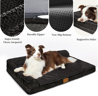 Orthopedic XL Dog Bed Large Sized Dog 48''X30'', Waterproof L Bolster Extra Large Egg Crate Foam Pet Crate Beds with Washable Removable Cover, Non-Slip Soft Pet Couch Mat, Black