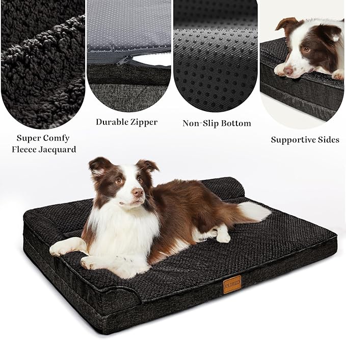 Orthopedic Dog Bed Large Sized Dog 36''X24'', Waterproof L Bolster Egg Crate Foam Pet Crate Beds with Washable Removable Cover, Non-Slip Soft Pet Couch Sleep Mat, Black