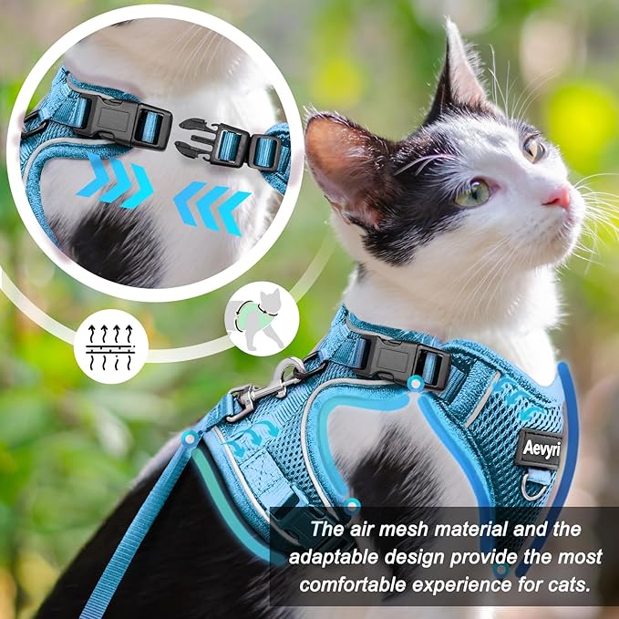 Cat Harness and Leash for Walking, The Upgrade Can be Adjusted in Four Directions and Breathable Cat Harness for Anti Escape that can be Fitted and Positioned, Reflective Strips Harness, Blue, S